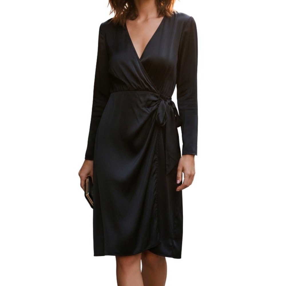 H and M Faux Wrap Dress Womens S Black Long Sleeve‎ Midi Ruched Tie Satin